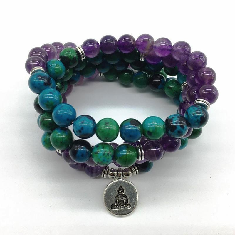 Chrysocolla Amethyst 108 Mala Buddha Charm Mala